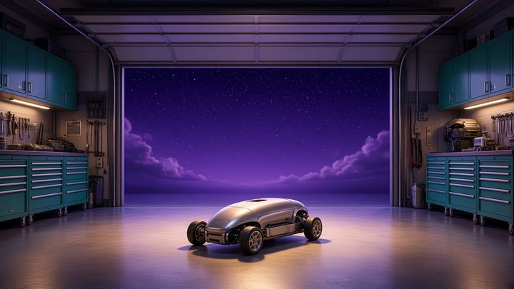 Open garage bay with a robot chassis