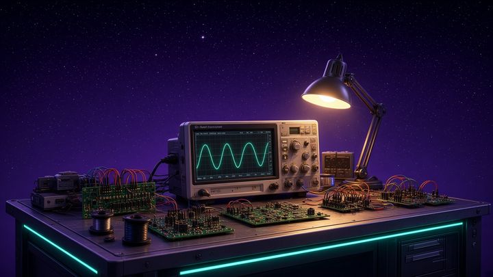 Electronics lab bench with circuit boards
