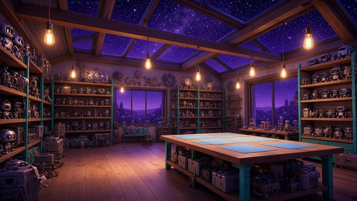 Tinker loft under a starry skylight